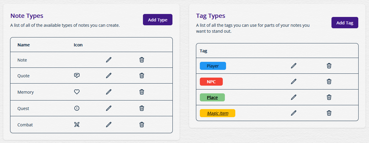 Inkless Notes tag management system showing customizable tags for NPCs, locations, and items
