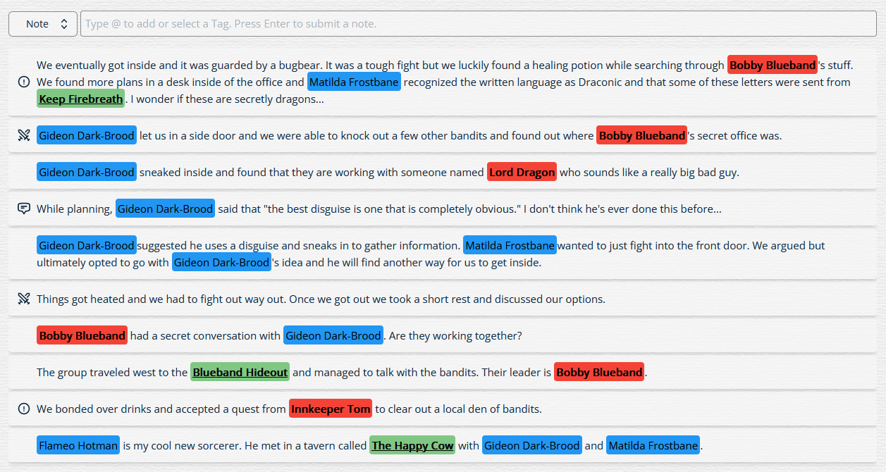 Inkless Notes app interface showing organized bullet journal style note-taking for tabletop RPGs